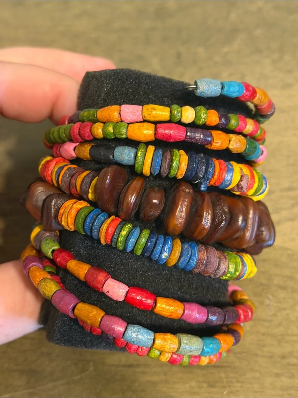 This Is A Multicoloured Wooden Beaded Coil Wrap Spiral Bracelet.
